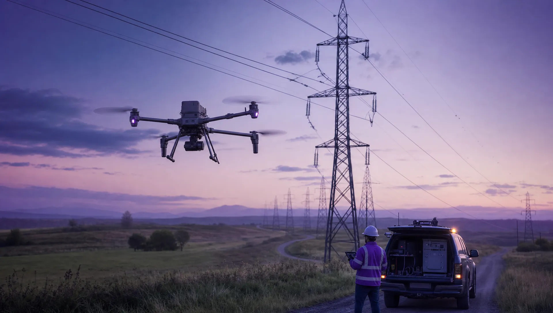 A commercial drone flies along a rural power line corridor with inspection waypoints, open fields below and a service vehicle by the road.