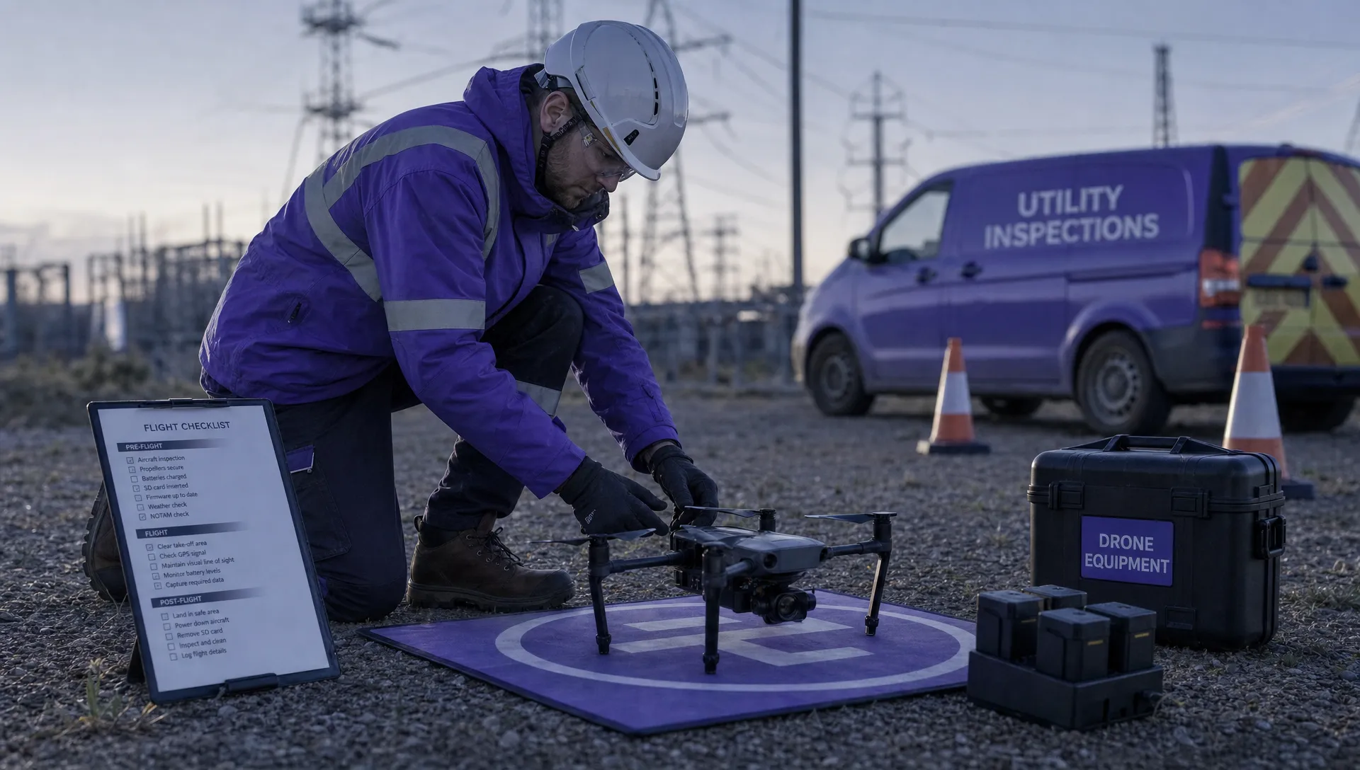 A remote pilot prepares a quadcopter on a launch mat beside a utility inspection site, with a printed flight checklist, spare batteries and safety cones nearby.