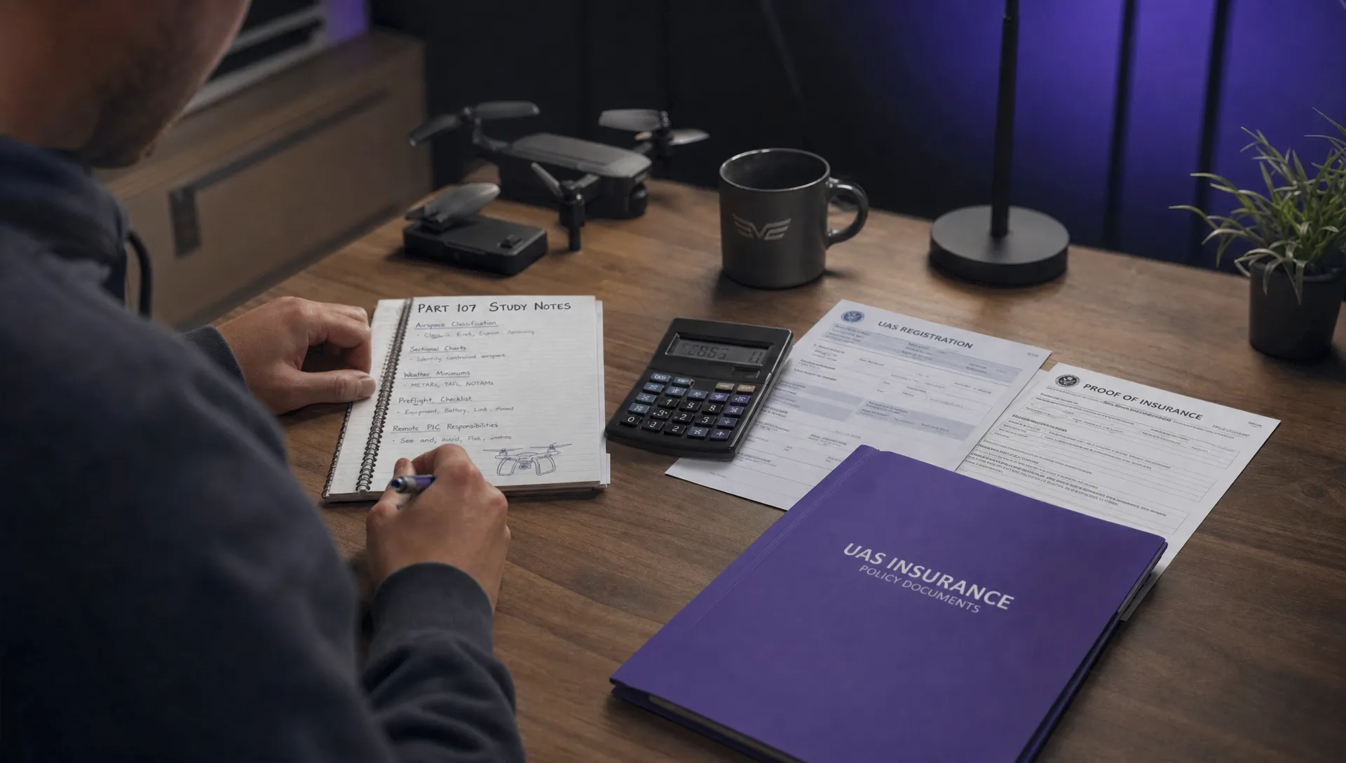 A tidy operations desk with a calculator, Part 107 study notebook, registration papers and an insurance folder for FAA drone licence planning.