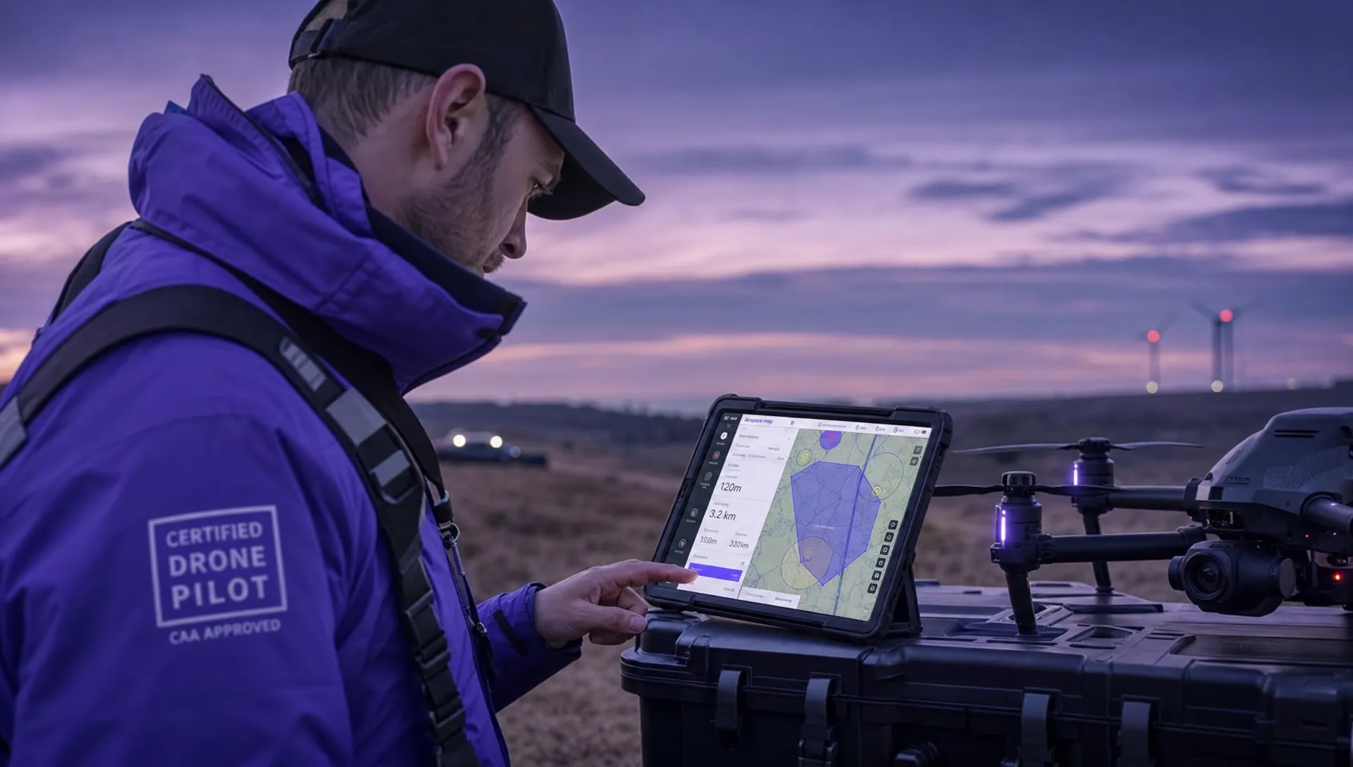 A commercial drone pilot preparing for a compliant flight beside a drone case, with a tablet screen facing the pilot in the correct orientation and showing a clear airspace planning map.