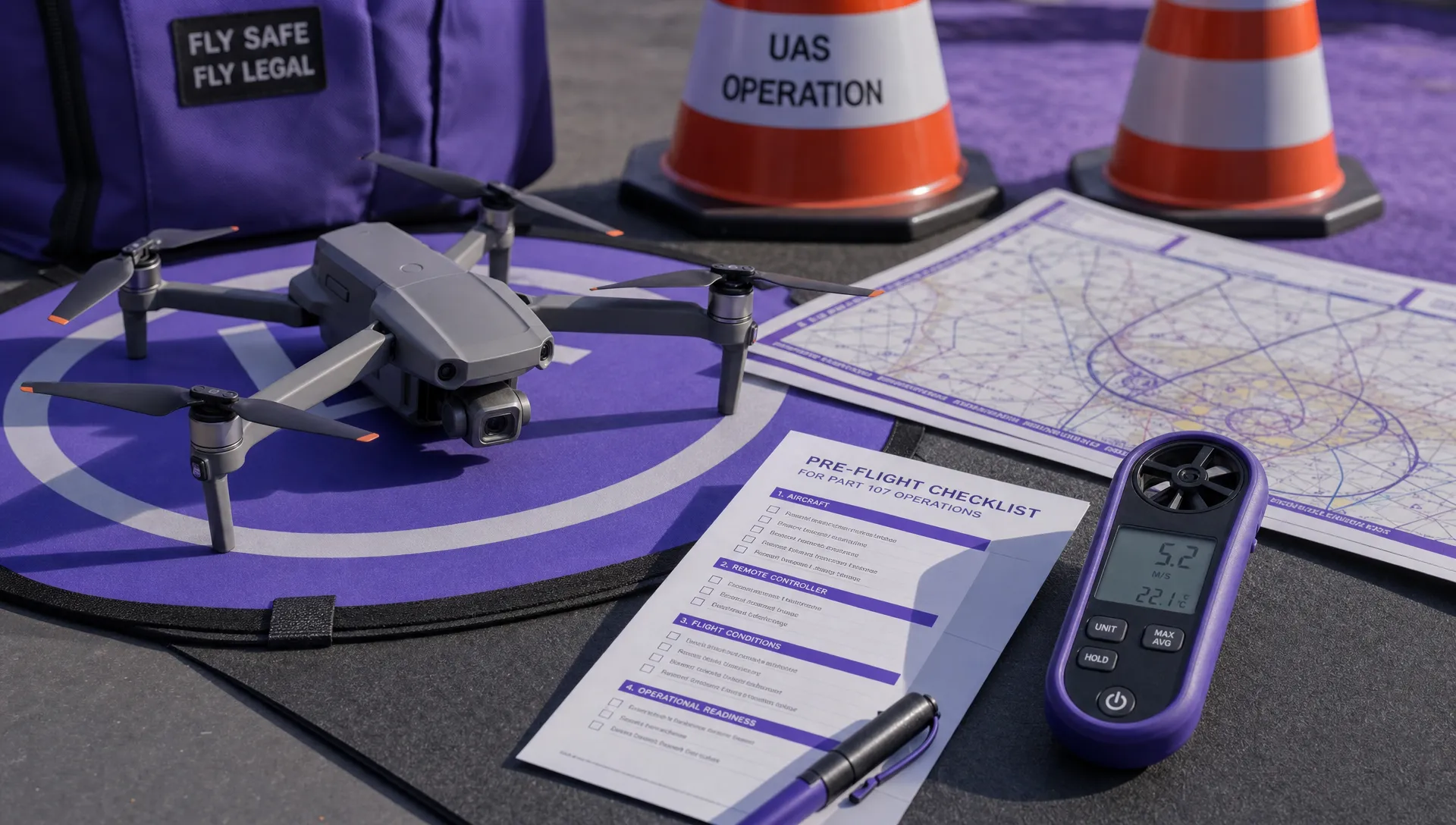 A small camera drone resting on a landing pad beside an aeronautical chart, a printed flight checklist, safety cones and a handheld weather meter, representing practical preparation for FAA Part 107 operations.