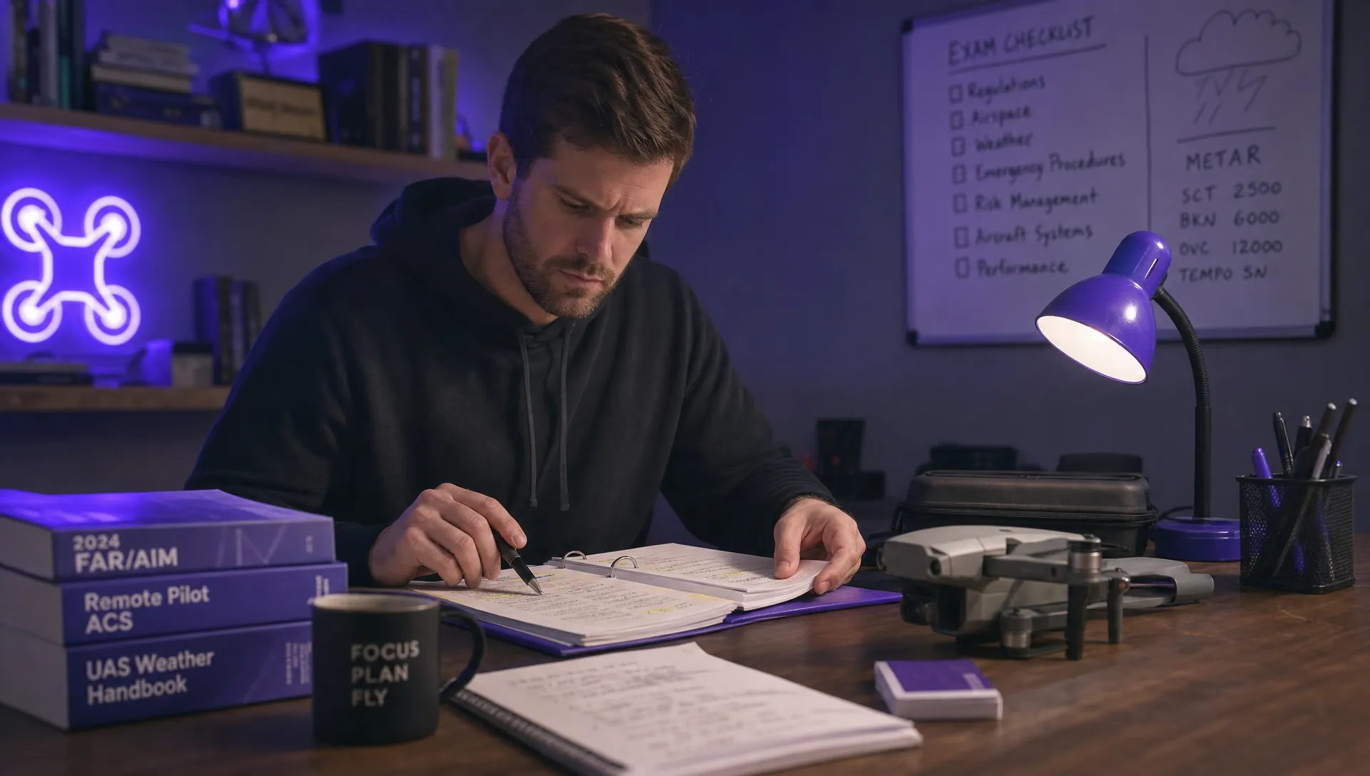 An adult pilot reviews FAA study materials, weather notes and a compact drone on a workbench before a certification exam.