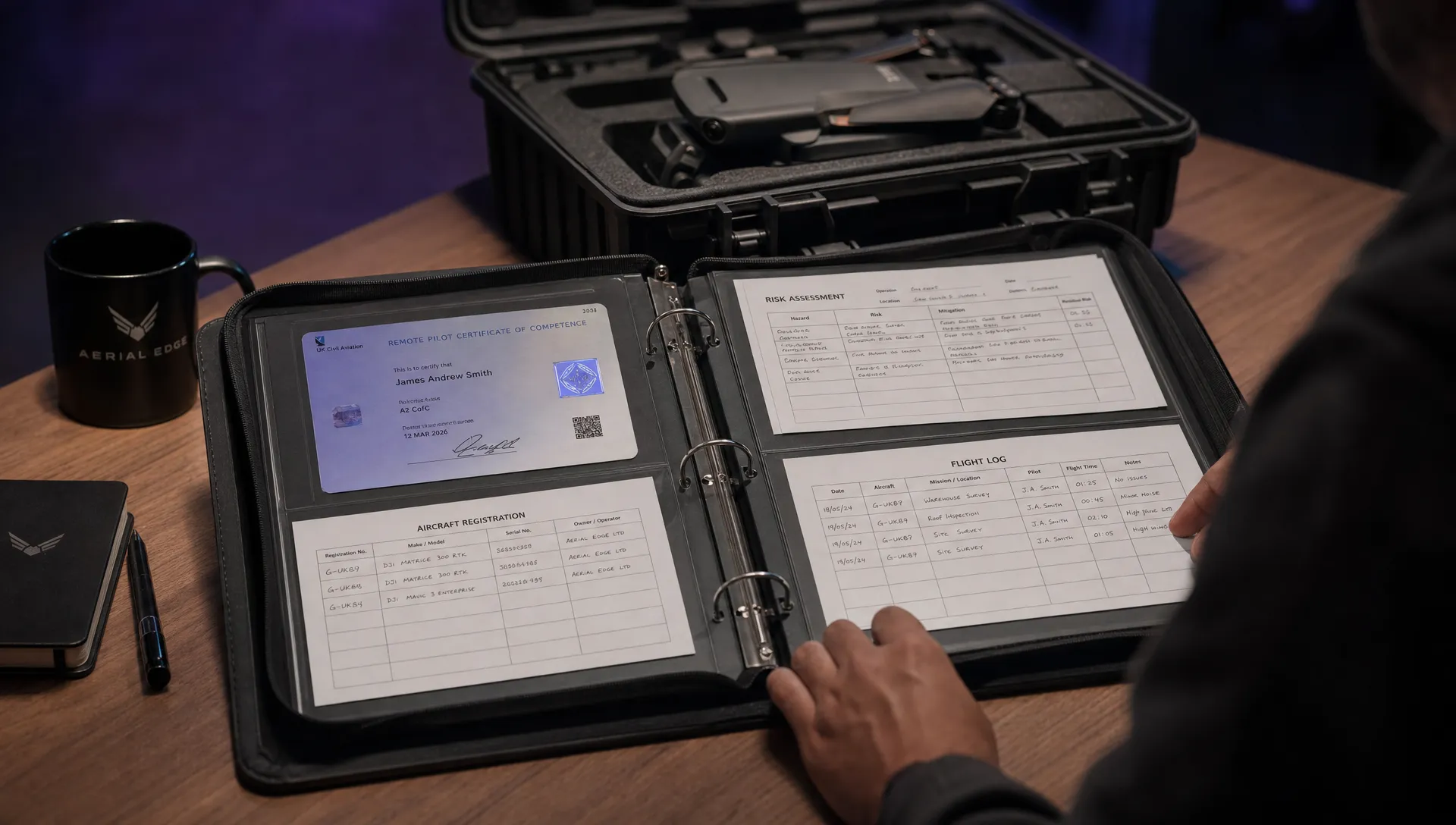 An open operations binder on a desk shows pilot certificates, registration sheets, risk assessments and flight logs with a drone case behind it.