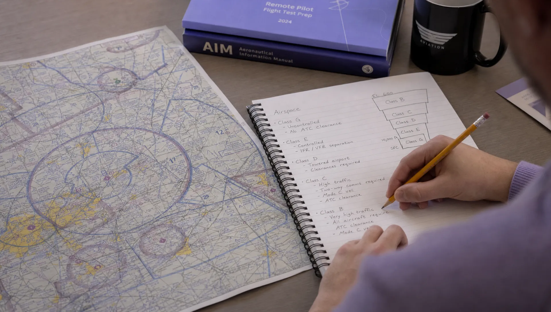 A sectional chart with airspace boundaries, a pencil and pilot notes on a desk for FAA Part 107 study.