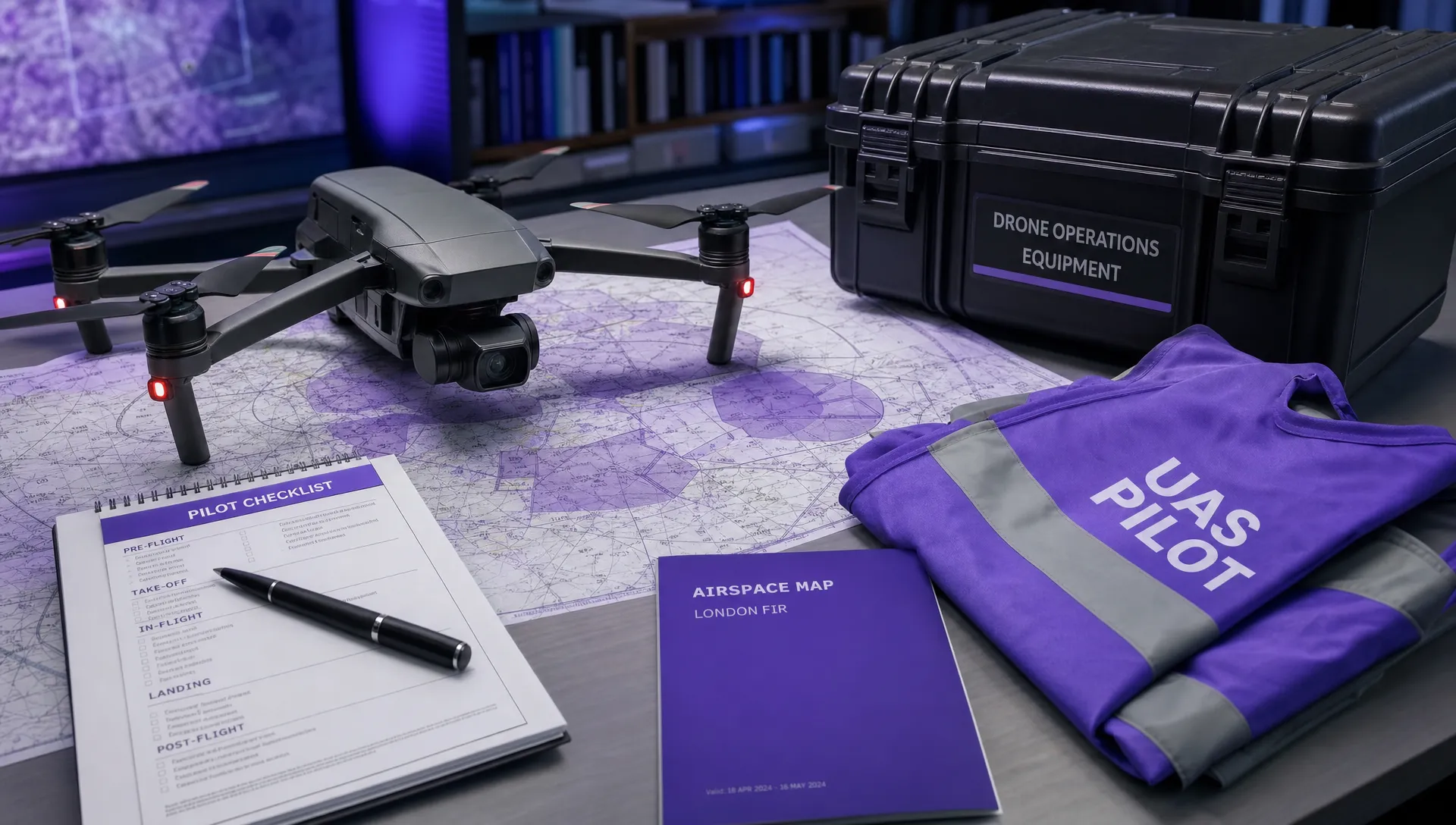 A commercial drone, printed airspace map, pilot checklist, high-visibility vest and labelled equipment case are arranged on a worktable for mission planning.