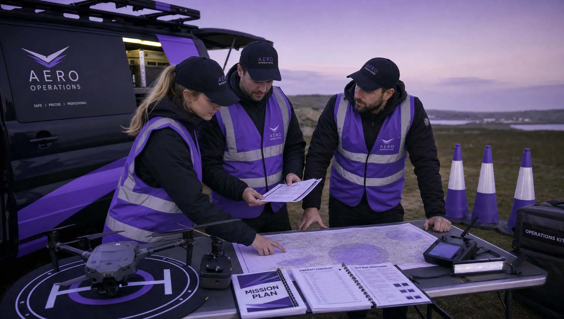 A professional drone operations team reviewing an airspace map, aircraft checklist and site risk notes on a portable table before a regulated commercial flight. A small drone, controller, safety cones and printed mission documents are visible beside a field vehicle.