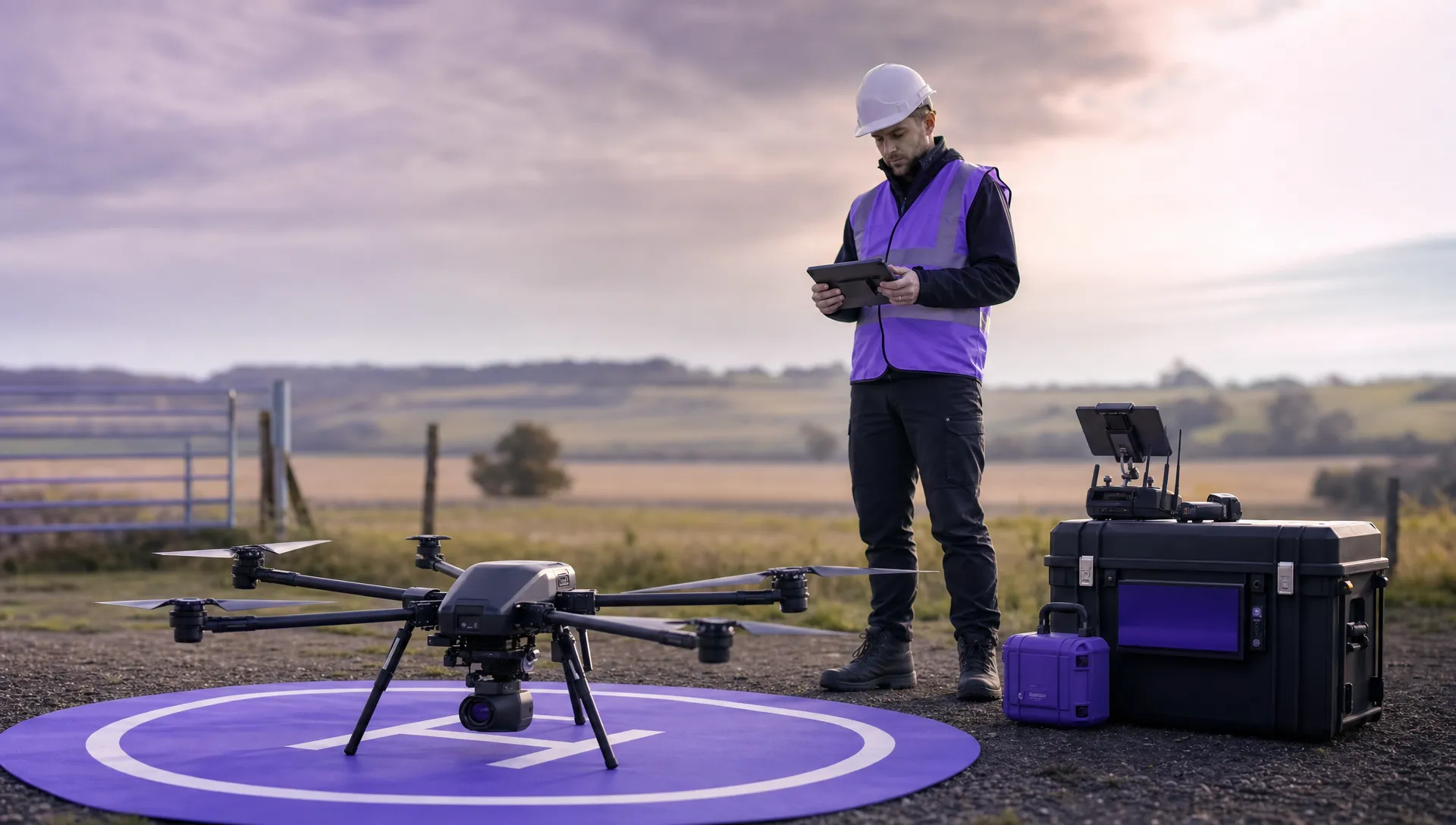 A commercial drone pilot carrying out a pre-flight Remote ID check beside a survey drone on a landing mat, with a controller and tablet facing the pilot and equipment cases arranged neatly at a work site, set against an open field boundary with the aircraft in the foreground and the crew standing back.