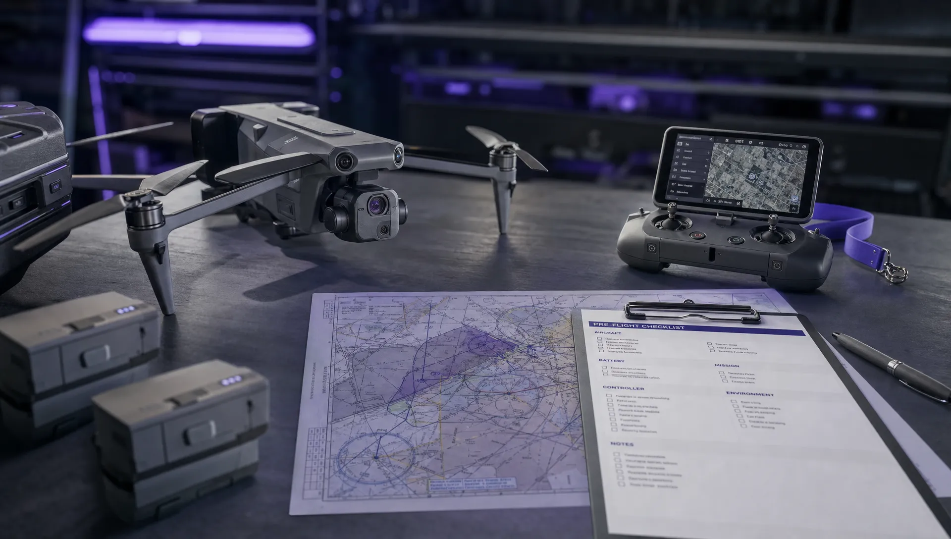 A commercial drone, controller, spare batteries, printed airspace chart and pre-flight checklist arranged on a work table before an inspection mission.