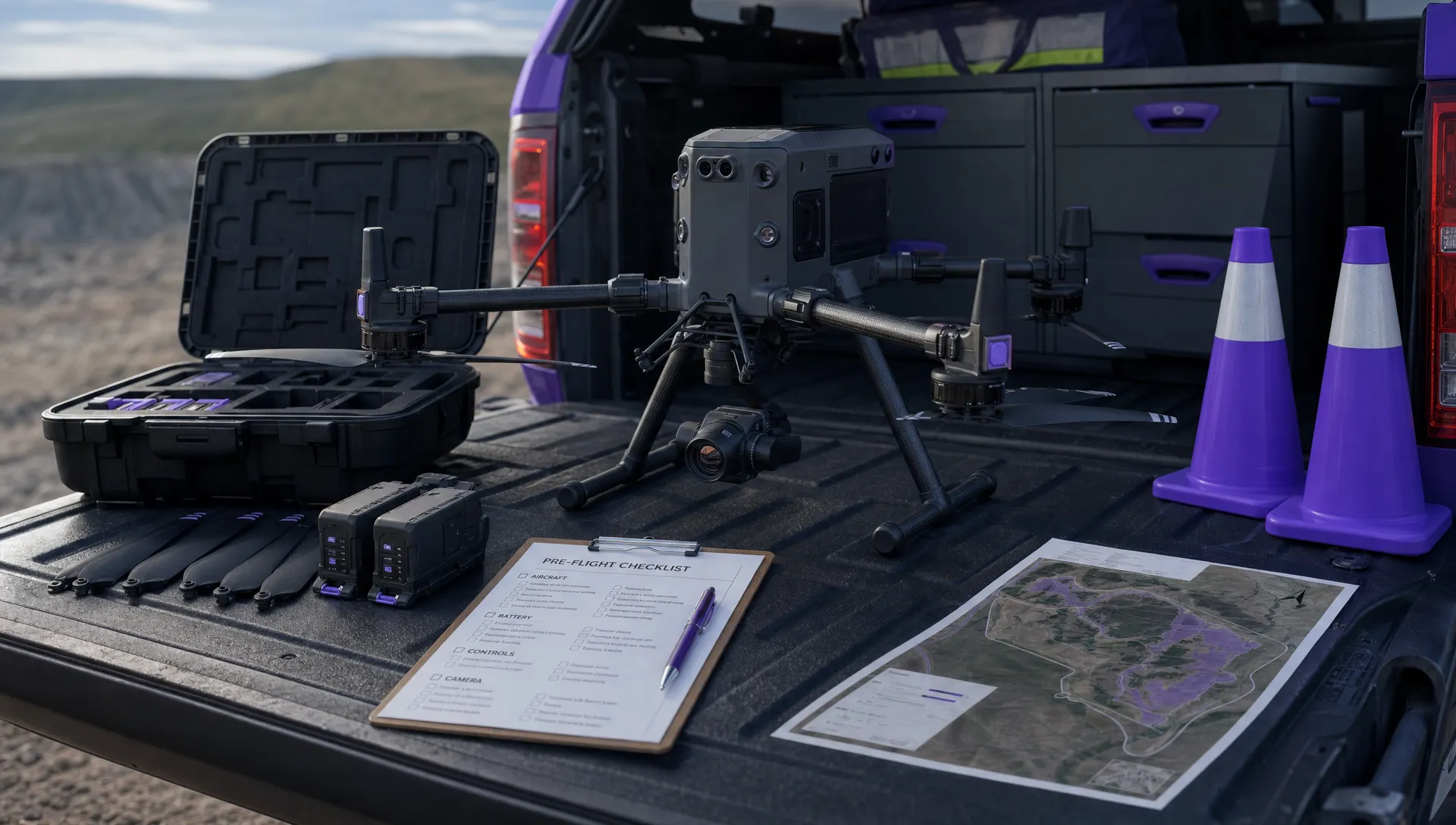 A commercial drone prepared for a pre-flight inspection beside an open case, with spare propellers, batteries, a paper checklist, a site map and safety cones laid out on the tailgate of a service vehicle.