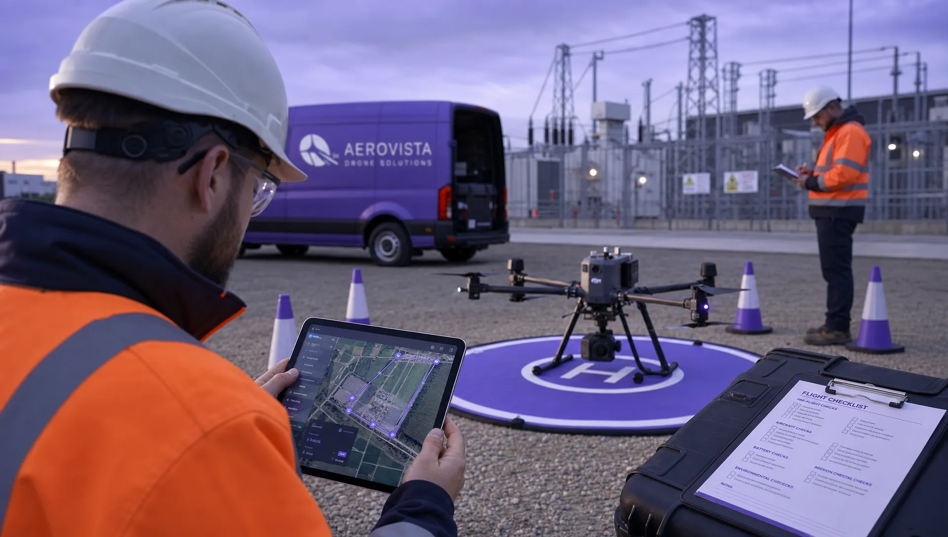 A commercial drone team preparing for a regulated infrastructure inspection, with a drone on a landing mat, safety cones around the take-off area, printed checklists, a tablet showing a map facing the operator, and a utility site in the background.
