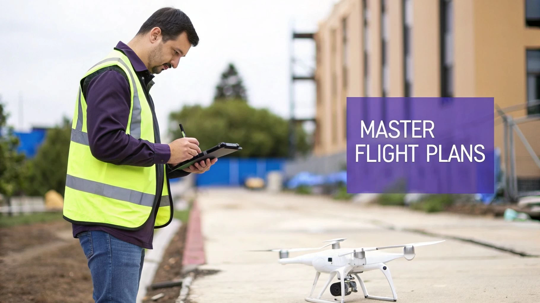 A man in a high-visibility vest is writing on a tablet near a drone on a construction site.