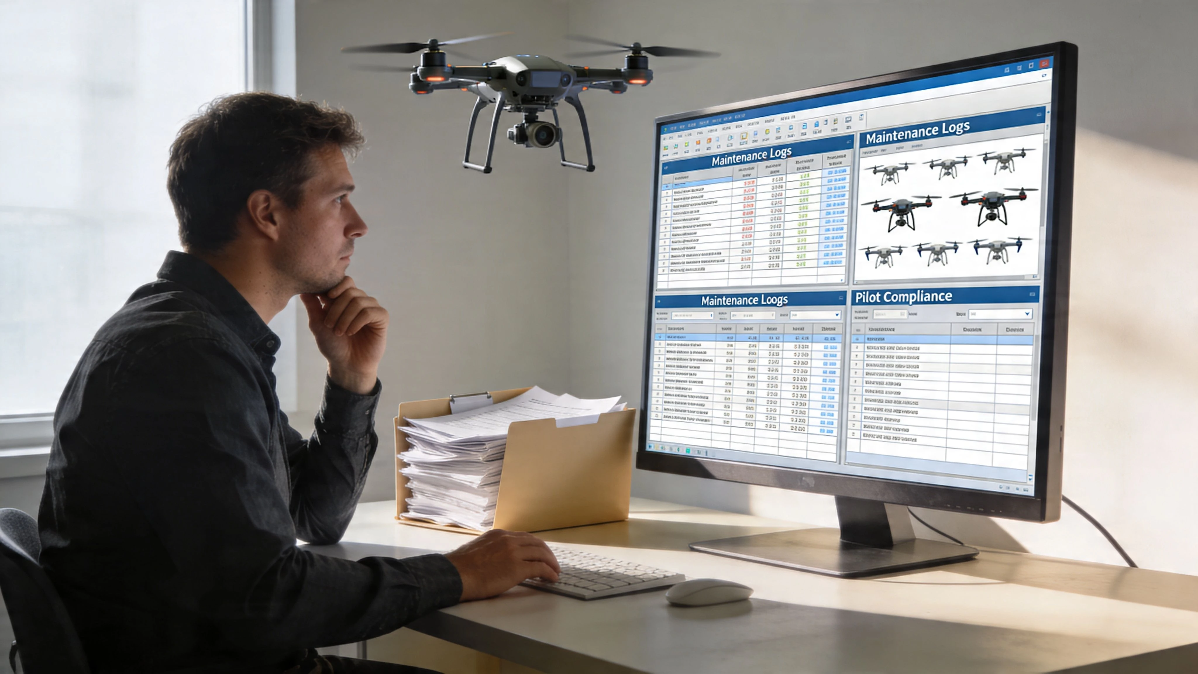 A professional analyzing drone fleet management data on a computer screen while a drone hovers nearby.