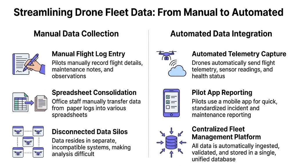 A comparative infographic showing the evolution of drone fleet data management from manual to automated processes.