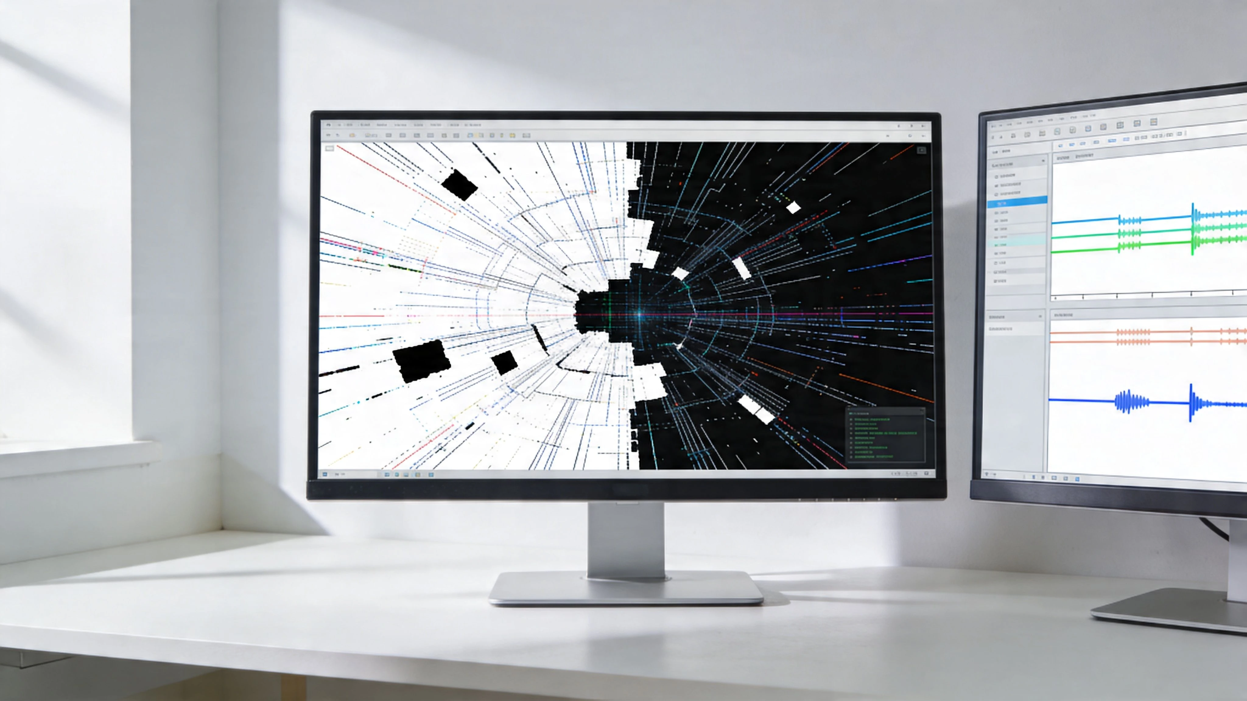 A dual monitor workstation displaying complex data visualizations and sensor waveform graphs on a clean office desk.