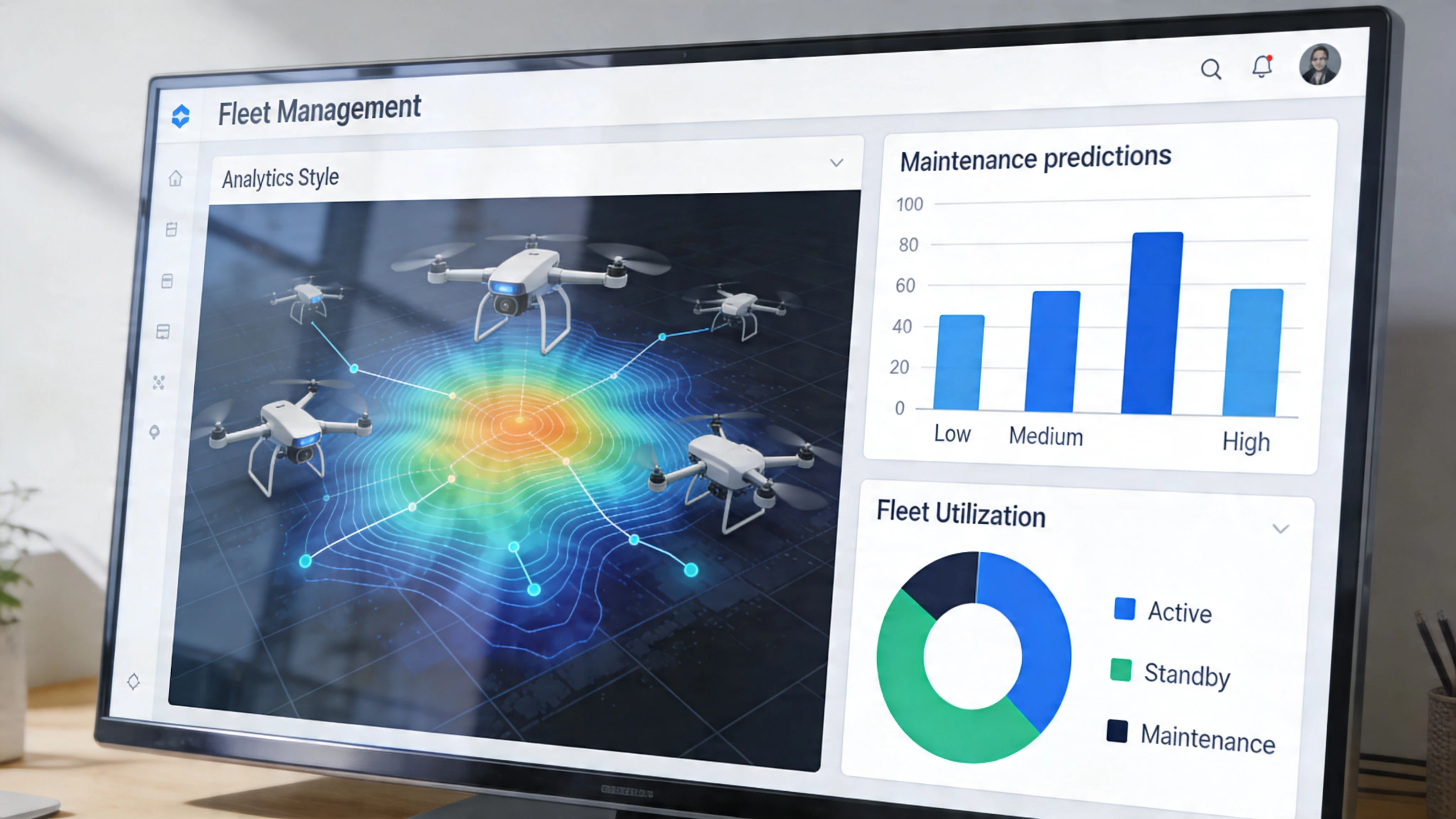 A computer monitor displaying a digital dashboard for drone fleet management with maintenance predictions and utilization analytics.