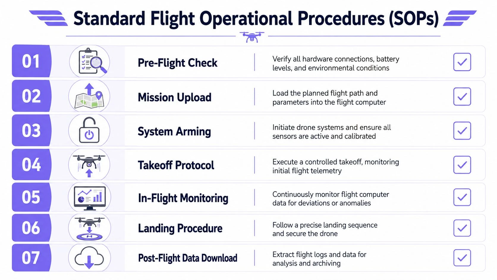 A seven-step infographic detailing standard drone flight operational procedures from pre-flight checks to post-flight data download.