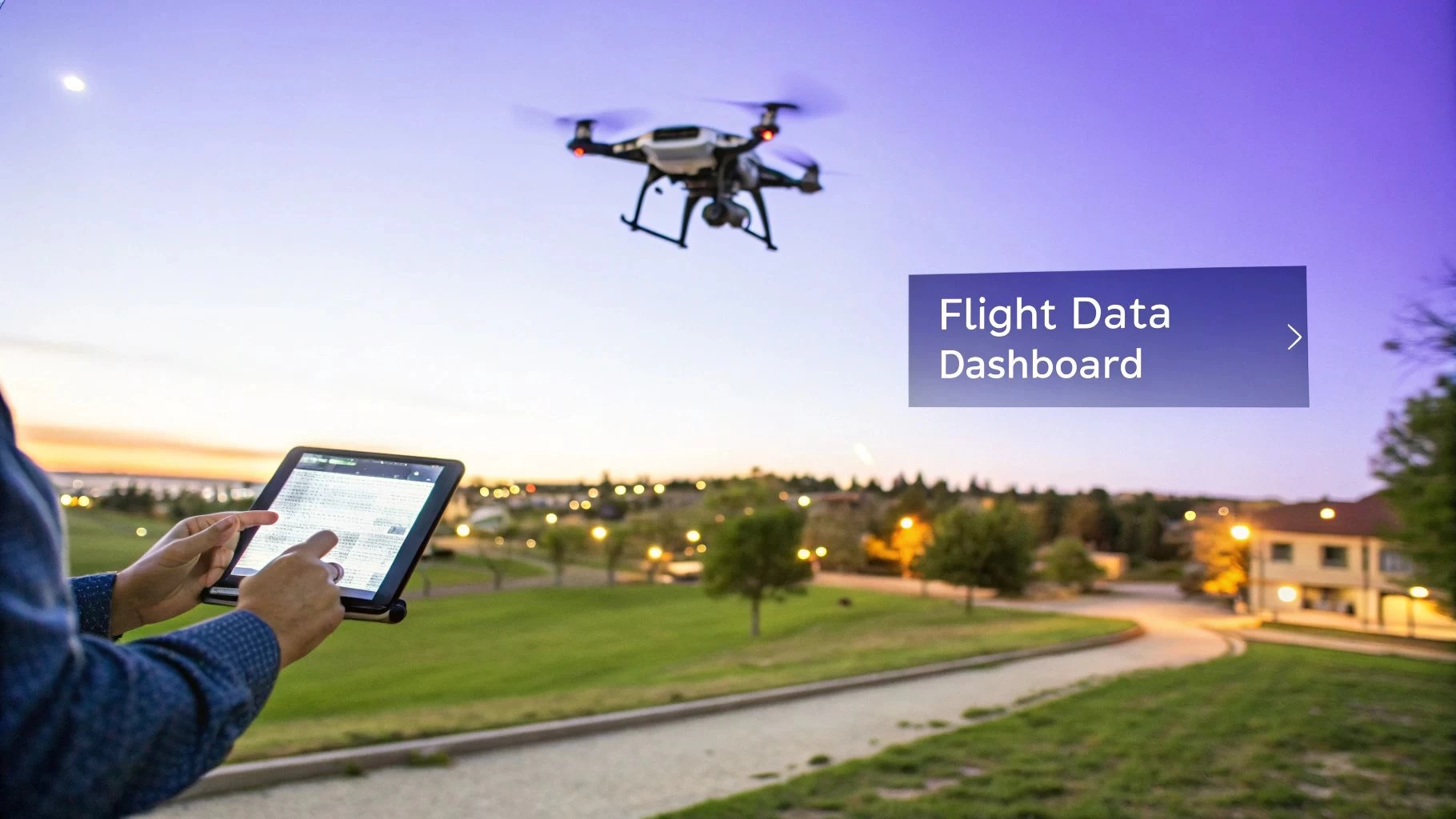 Person operating a drone with a tablet, viewing flight data against a dusk sky and city lights.