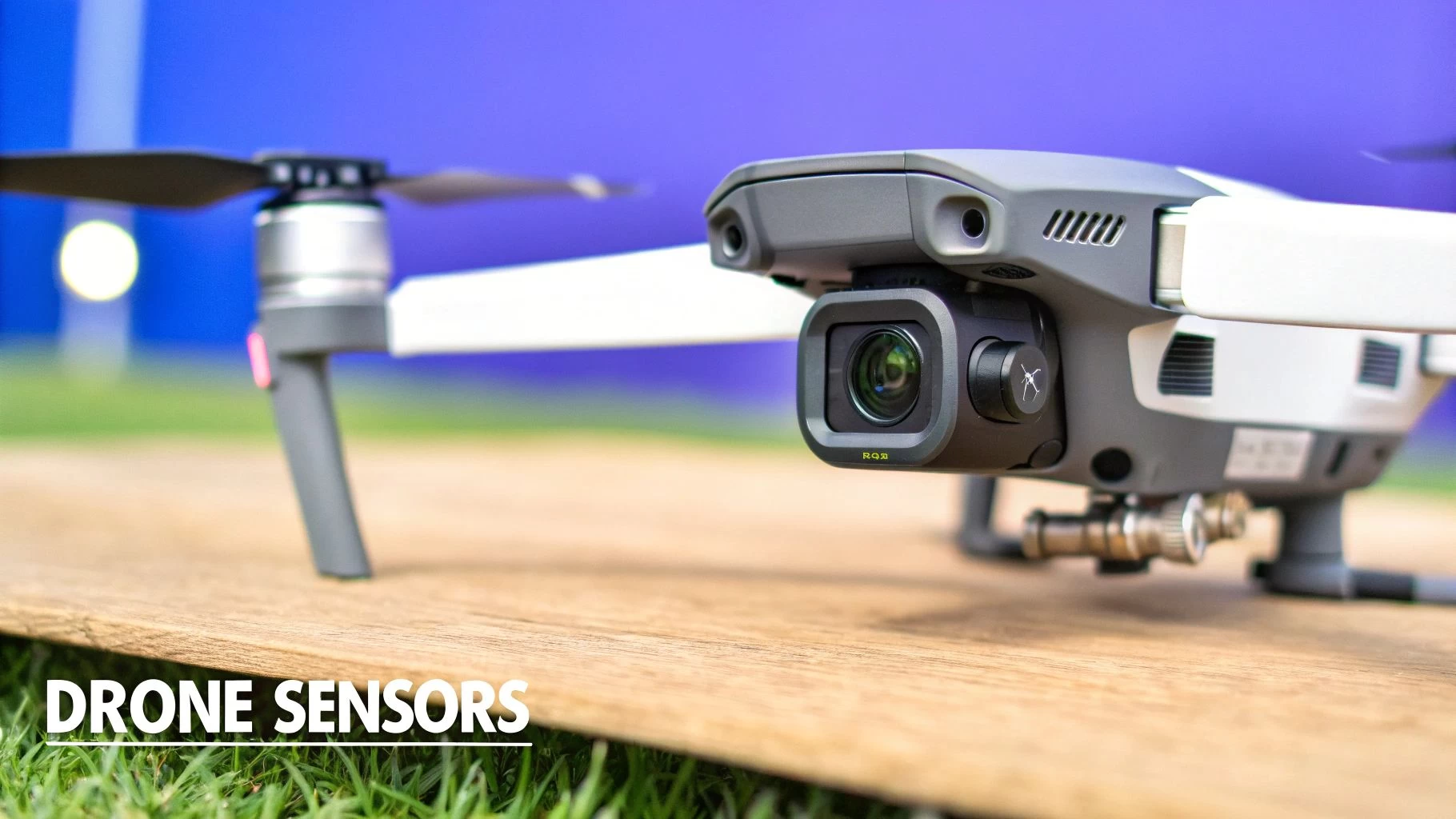 Close-up of a grey drone with its camera and sensors resting on a wooden surface.