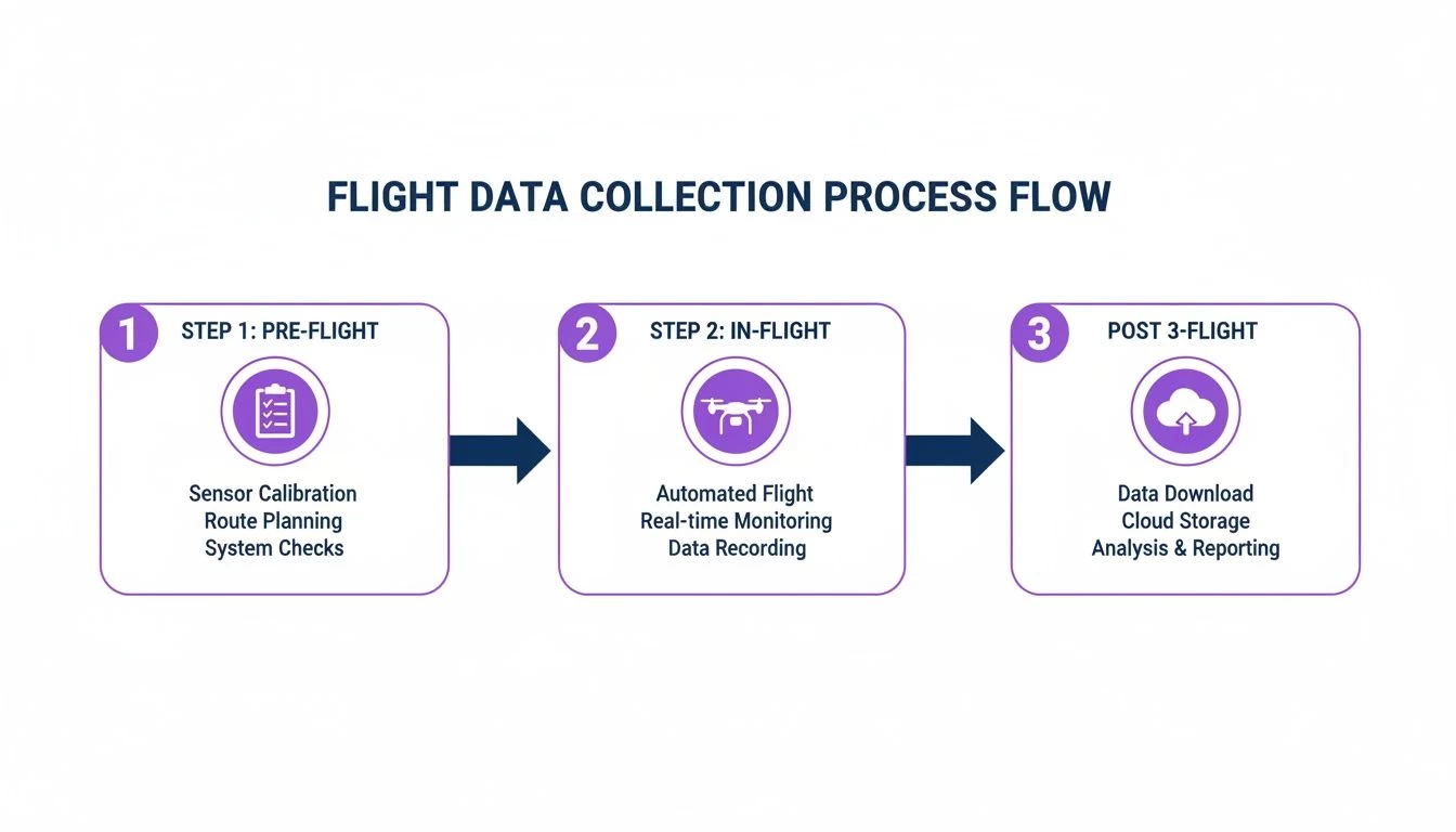 A three-step flight data collection process flow: Pre-Flight, In-Flight, and Post-Flight with details.