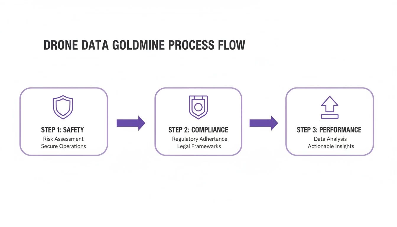 Drone data goldmine process flow illustrating safety, compliance, and performance stages with shield and arrow icons.