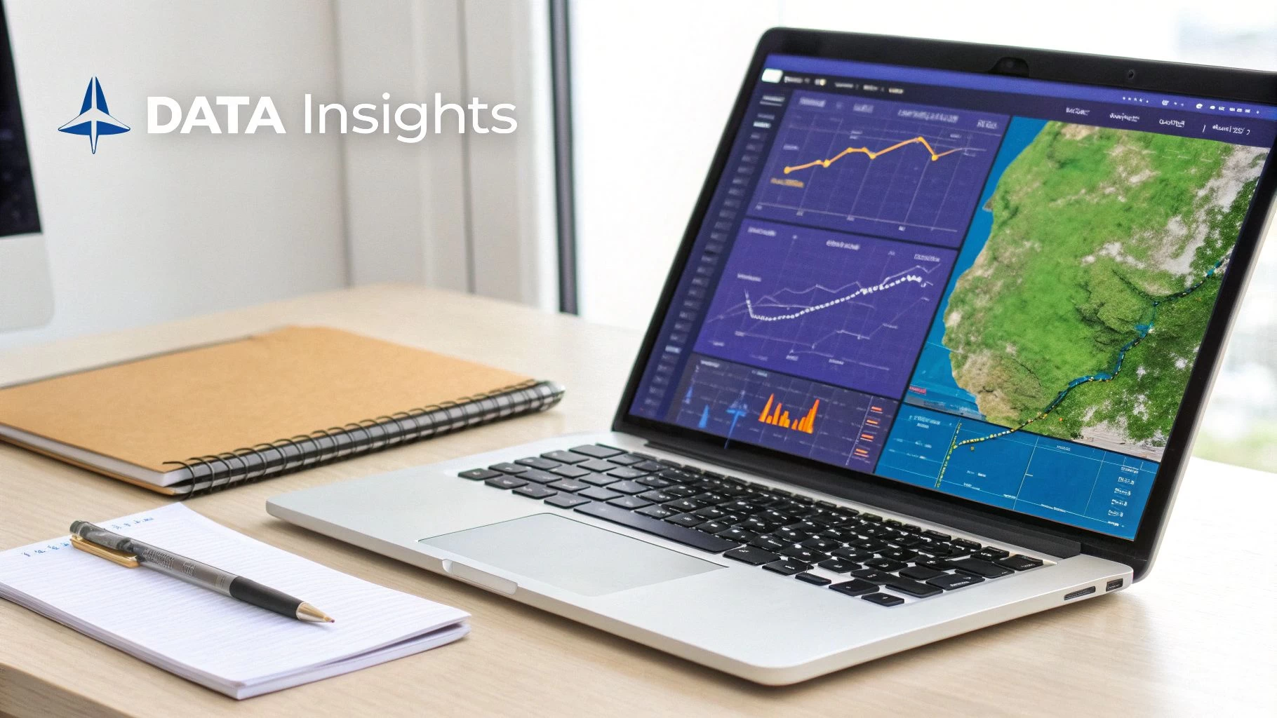 A laptop screen displays various data charts, graphs, and a map on a wooden desk with a notebook and pen.
