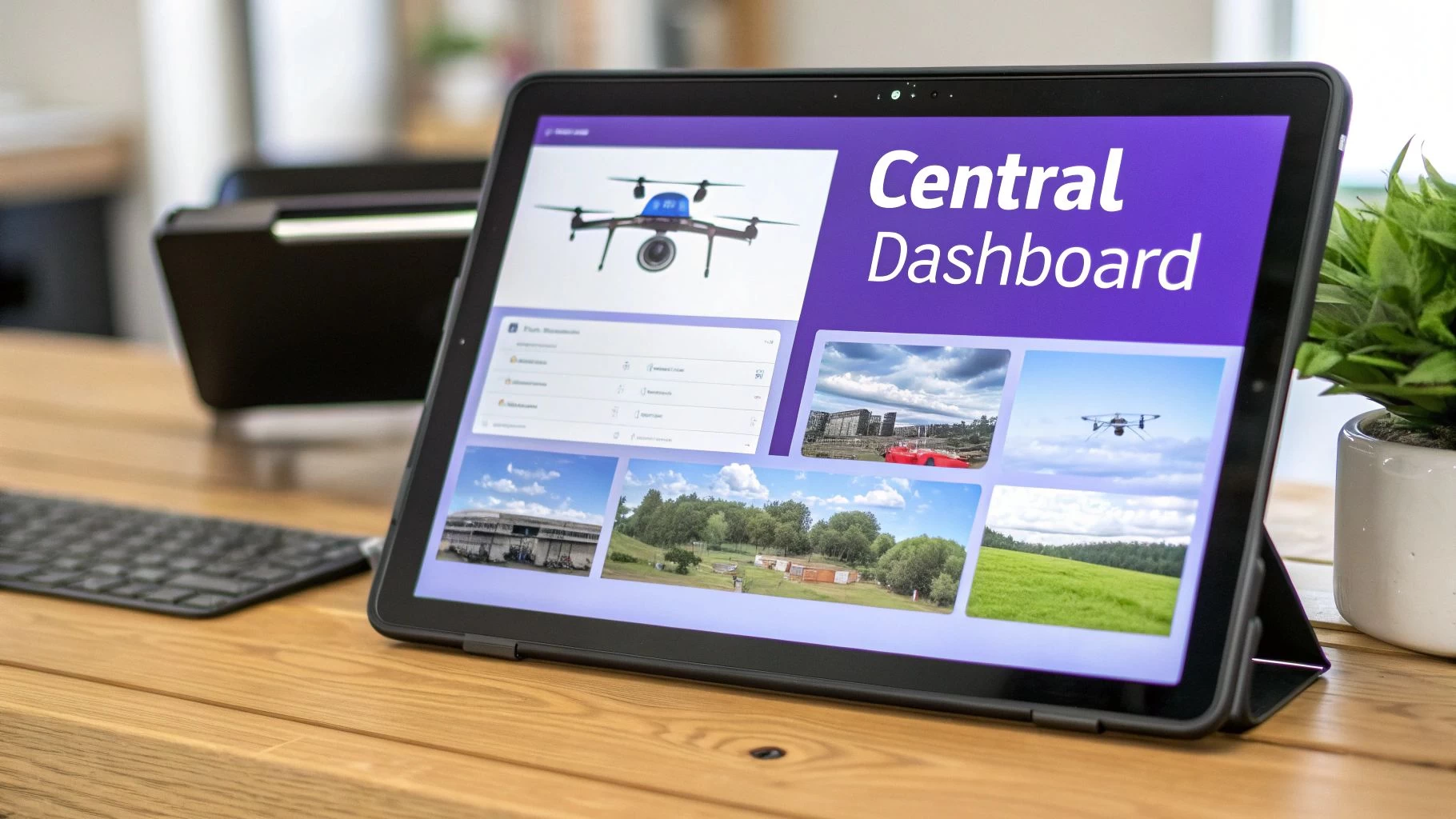 A tablet displays a 'Central Dashboard' with drone images, flight data, and controls on a wooden desk.