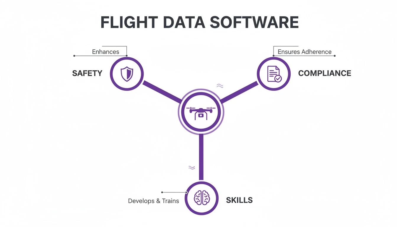 Flight Data Software diagram showing how it enhances safety, ensures compliance, and develops skills.