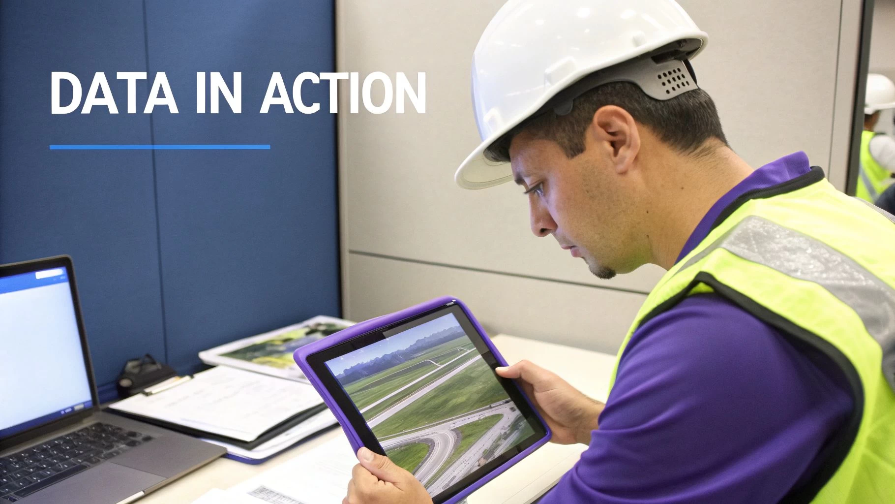 A man in a hard hat and safety vest uses a tablet to view aerial data of a large outdoor site.