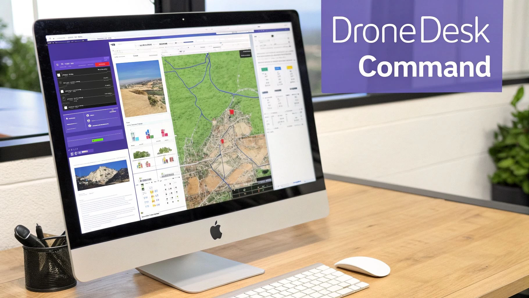 A modern workspace features an Apple iMac displaying DroneDesk Command software interface.
