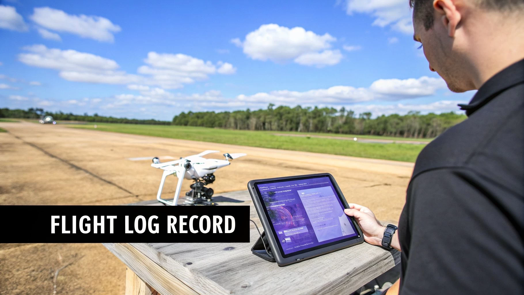A man reviews flight log records on a tablet next to a drone on an outdoor runway.