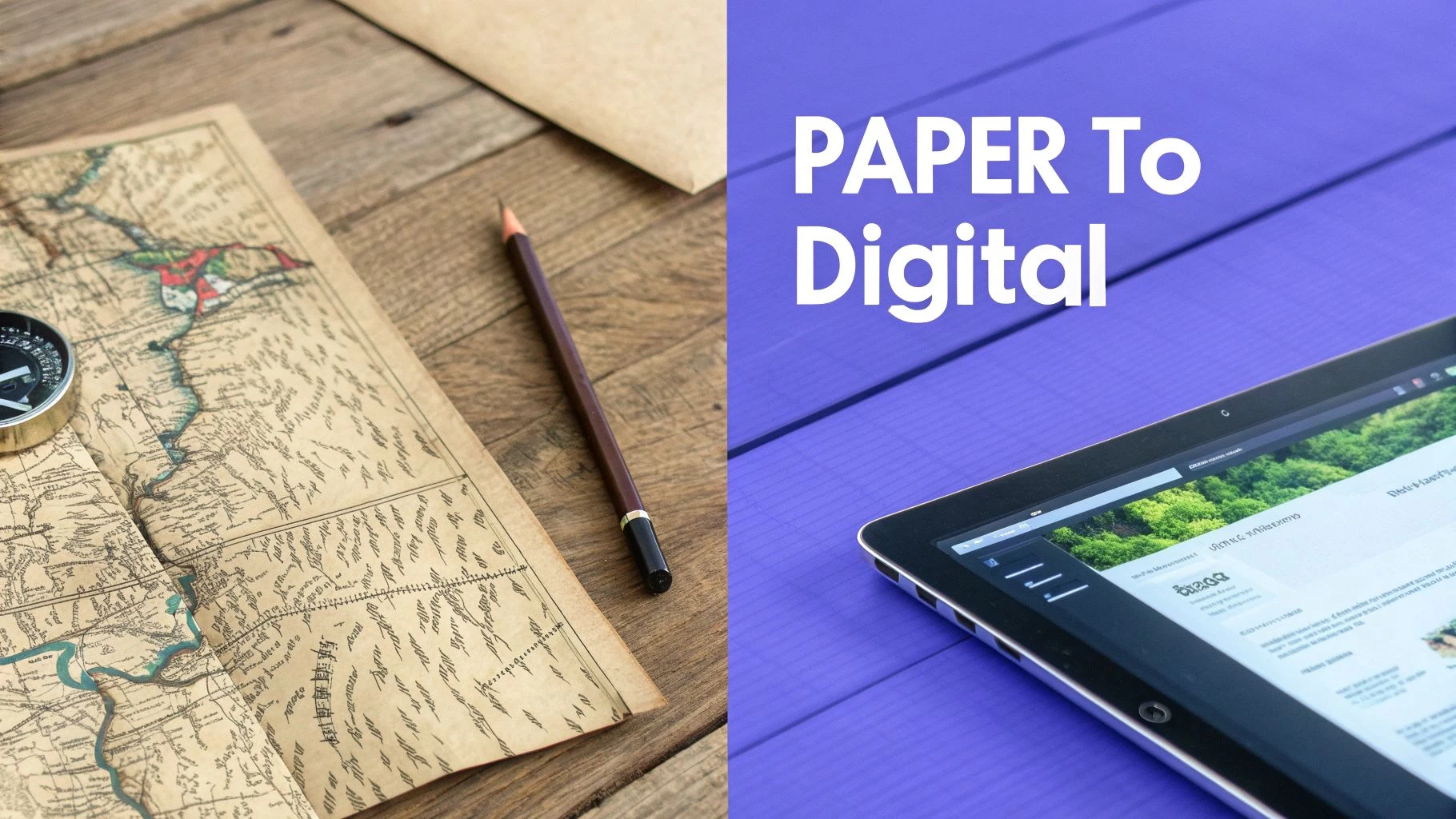 An old map, compass, and pencil on wood contrast with a tablet displaying a website and the text 'PAPER To Digital'.