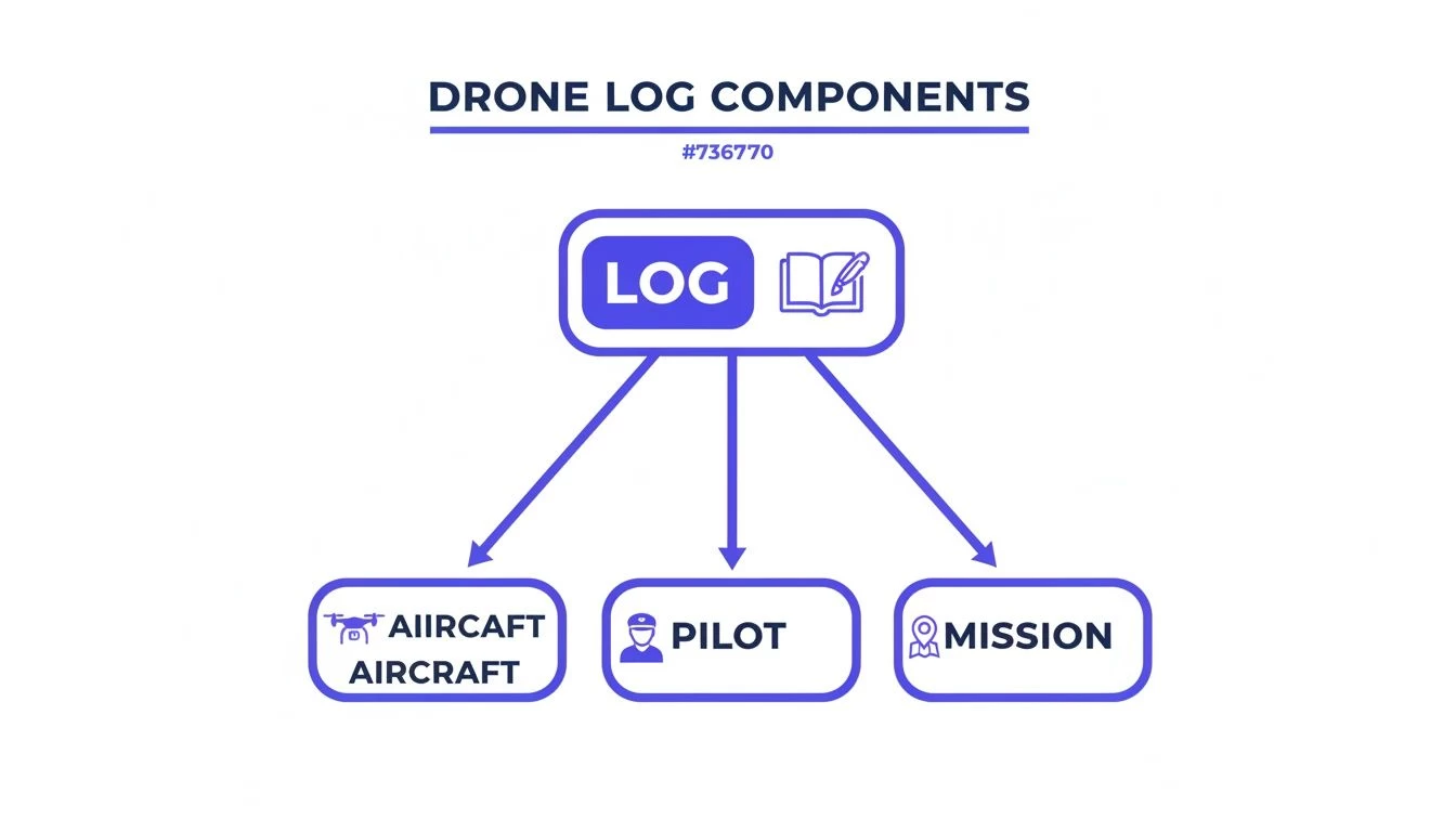 A diagram illustrating the components of a drone log, including aircraft, pilot, and mission details.
