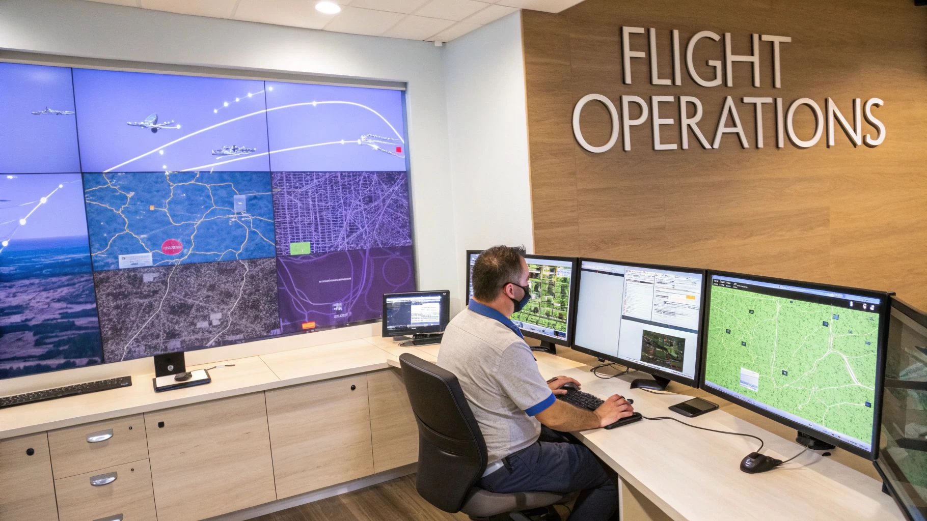 A man in a flight operations control room monitors multiple screens displaying aircraft tracking and maps.
