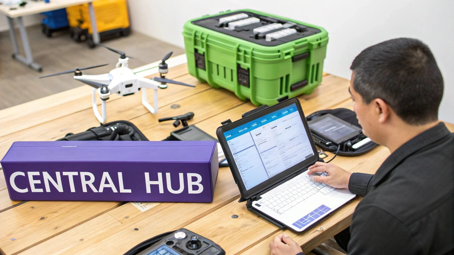 A person uses a laptop on a wooden table, surrounded by a drone and related equipment.