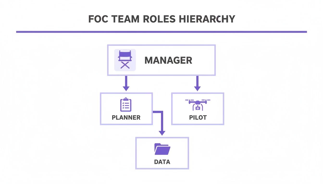 A hierarchical diagram showing FOC team roles: Manager supervises Planner and Pilot, both contributing to Data.