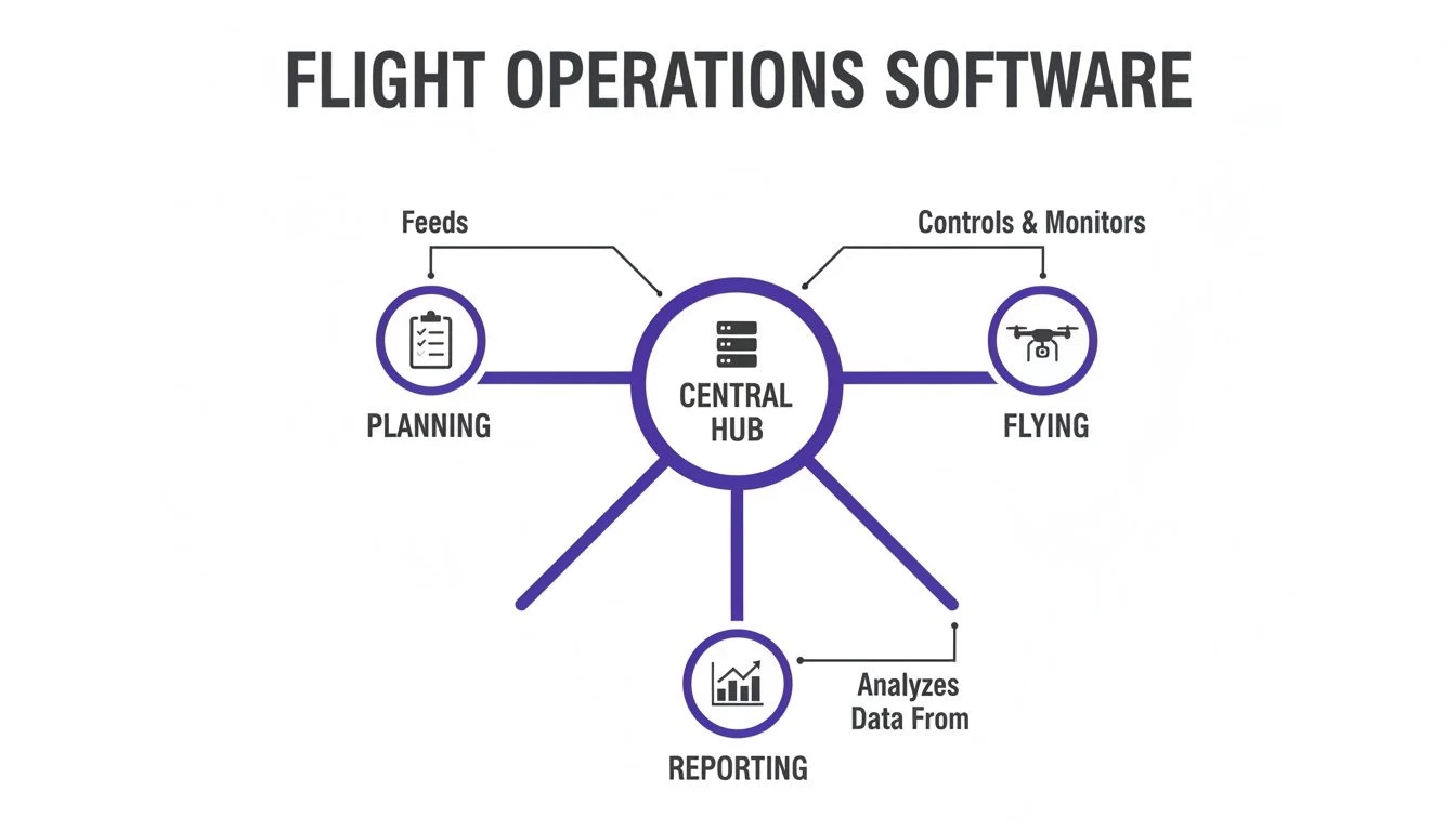 Diagram illustrating flight operations software with a Central Hub connecting Planning, Flying, and Reporting functions.