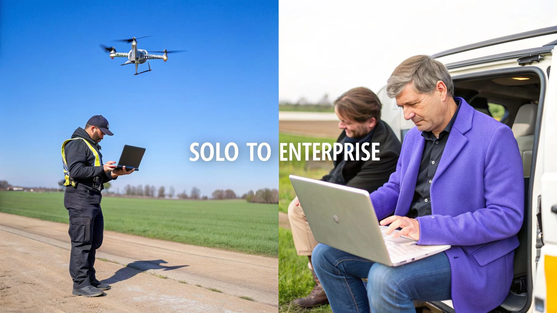 A man controls a drone with a laptop in a field, showing solo to enterprise operations.