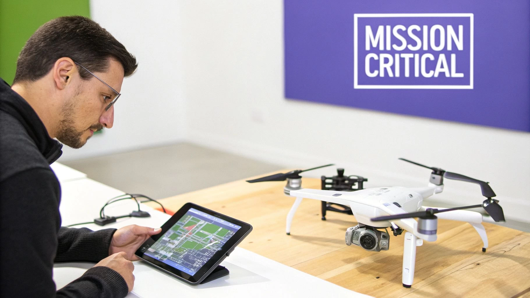 A drone flying over a sunset landscape, symbolizing a well-planned mission.