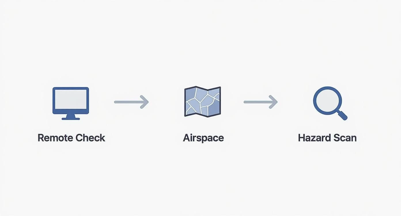 Infographic showing the process flow for remote site reconnaissance with icons for remote check, airspace analysis, and hazard scanning.