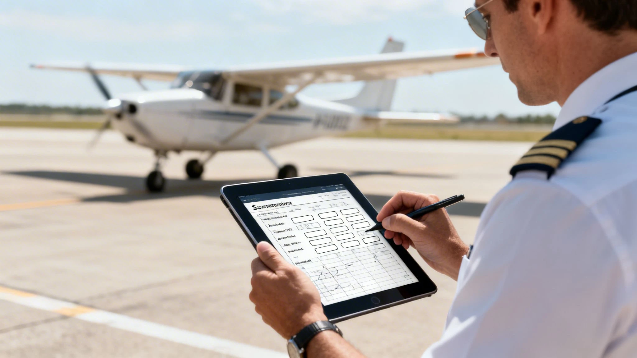 A pilot in uniform reviews flight plans on a digital tablet with a small airplane visible in the background.