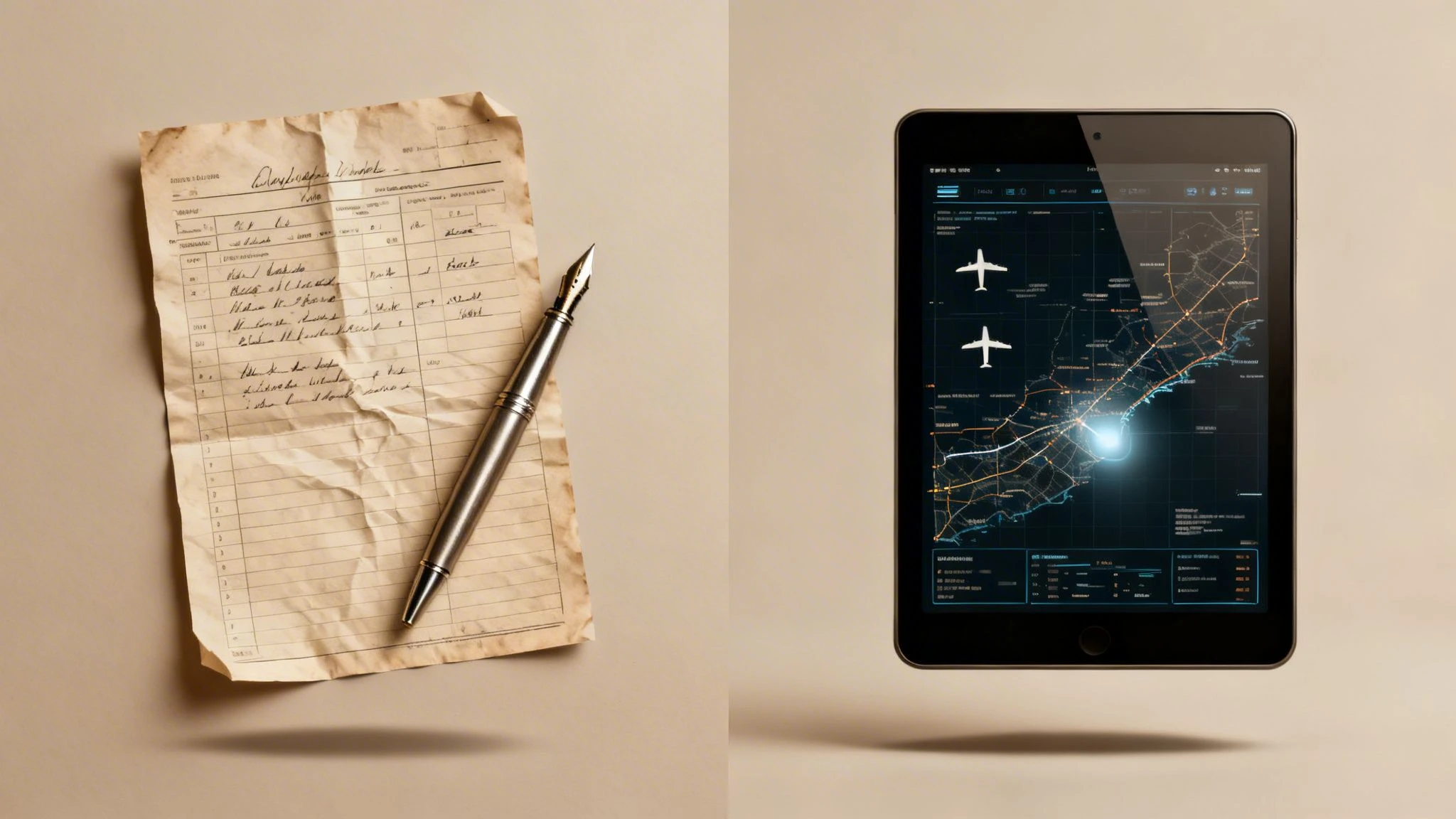 An old handwritten document with a fountain pen contrasted with a modern tablet displaying a digital flight map.