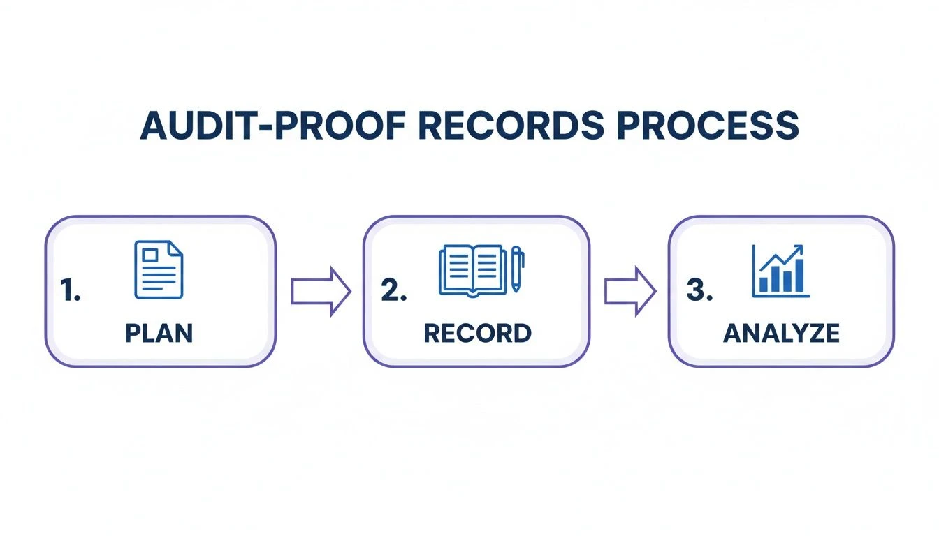 Diagram illustrating the 3-step audit-proof records process: Plan, Record, Analyze with icons.