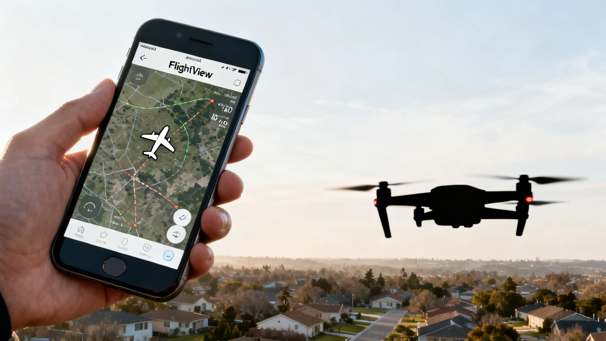 A hand holds a smartphone displaying a FlightView app with a map and an airplane icon, overseeing a drone flying over suburban houses.