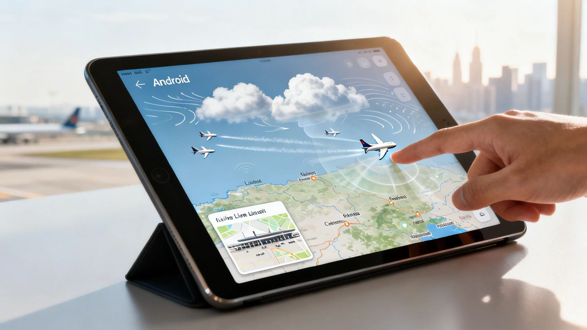 A person's hand interacts with a flight tracking app on a tablet at an airport, showing planes on a map.