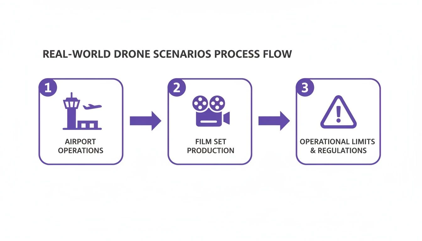 A process flow diagram illustrating real-world drone scenarios for airport operations, film production, and regulations.