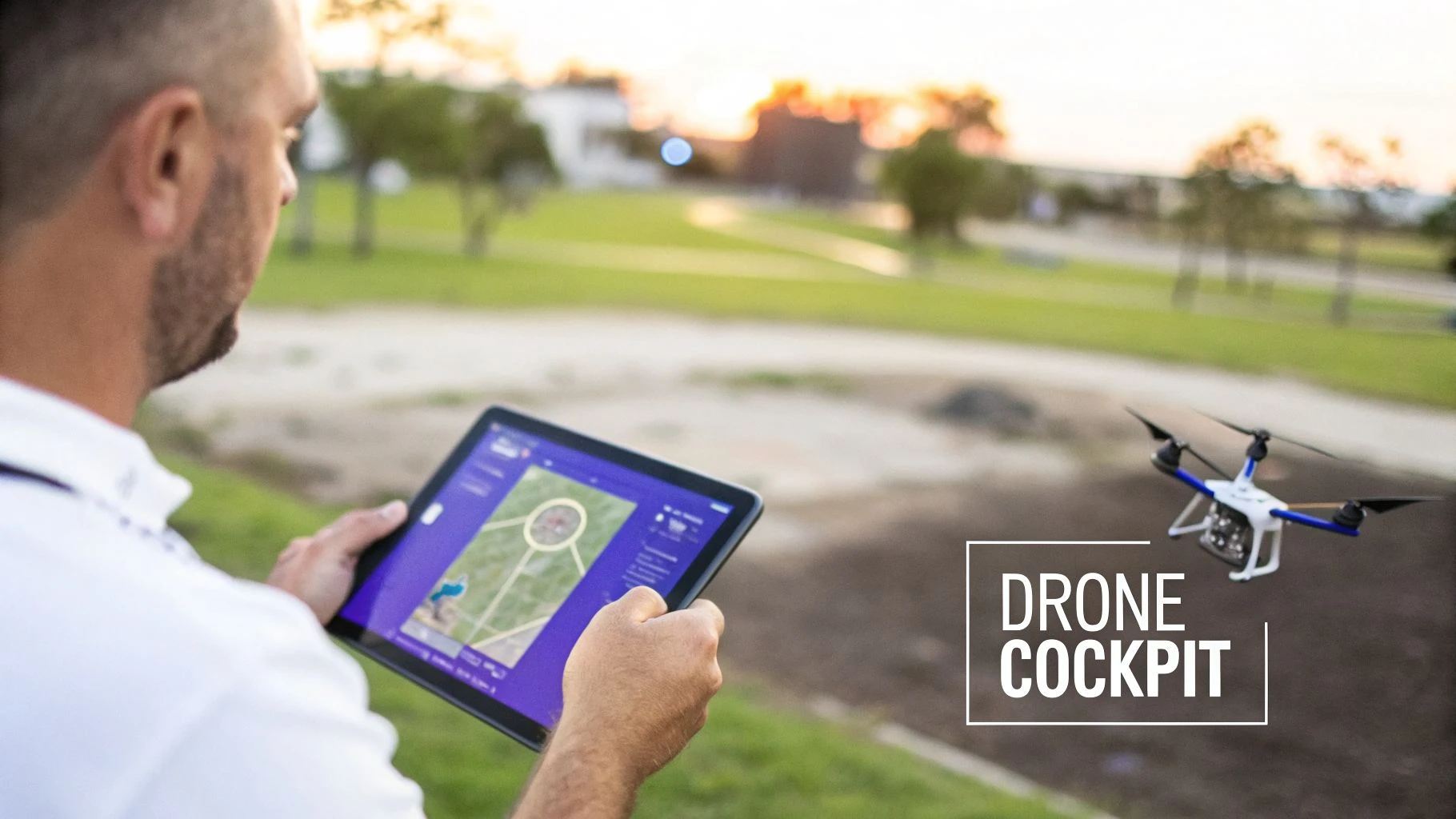 A man controls a white and blue drone using a tablet app with a navigation map, outdoors at sunset.