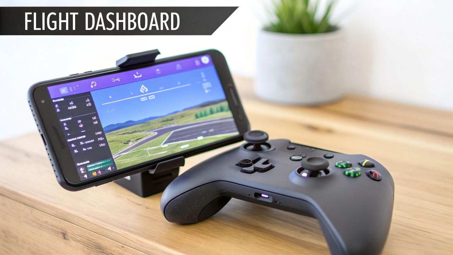 A smartphone displaying a drone flight dashboard app, set up with a black game controller on a wooden desk.
