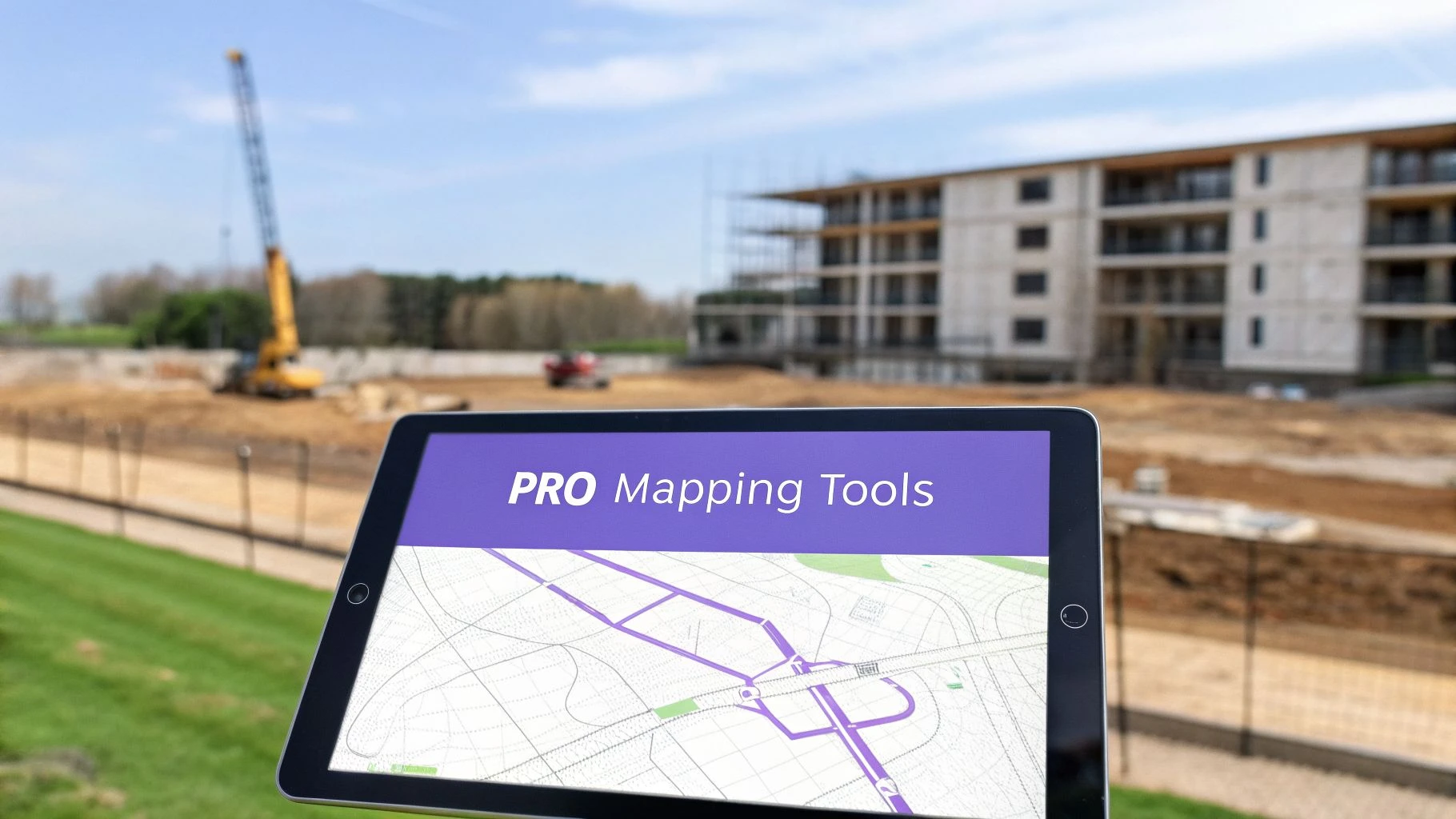 A tablet displays 'PRO Mapping Tools' and a map, overlooking a construction site with a building and crane.