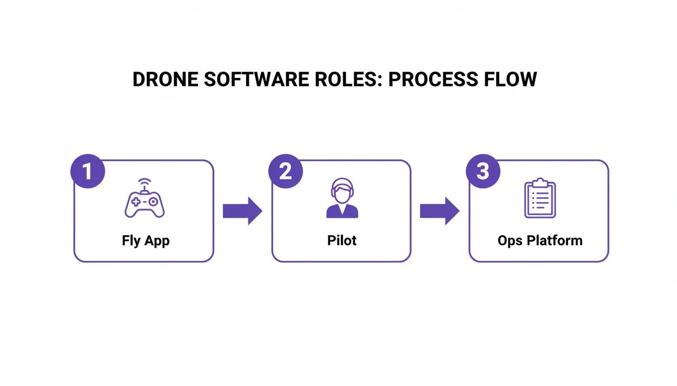 Drone software roles process flow illustrating the steps: Fly App, Pilot, and Ops Platform.