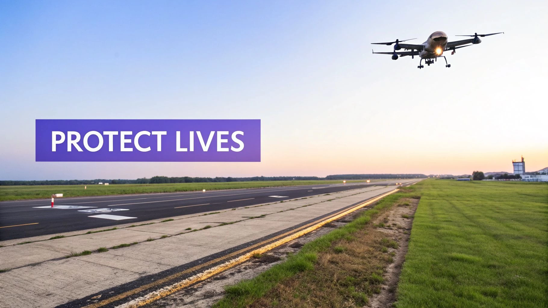 An advanced drone with bright lights flying over an airport runway at dusk, with 'PROTECT LIVES' text.